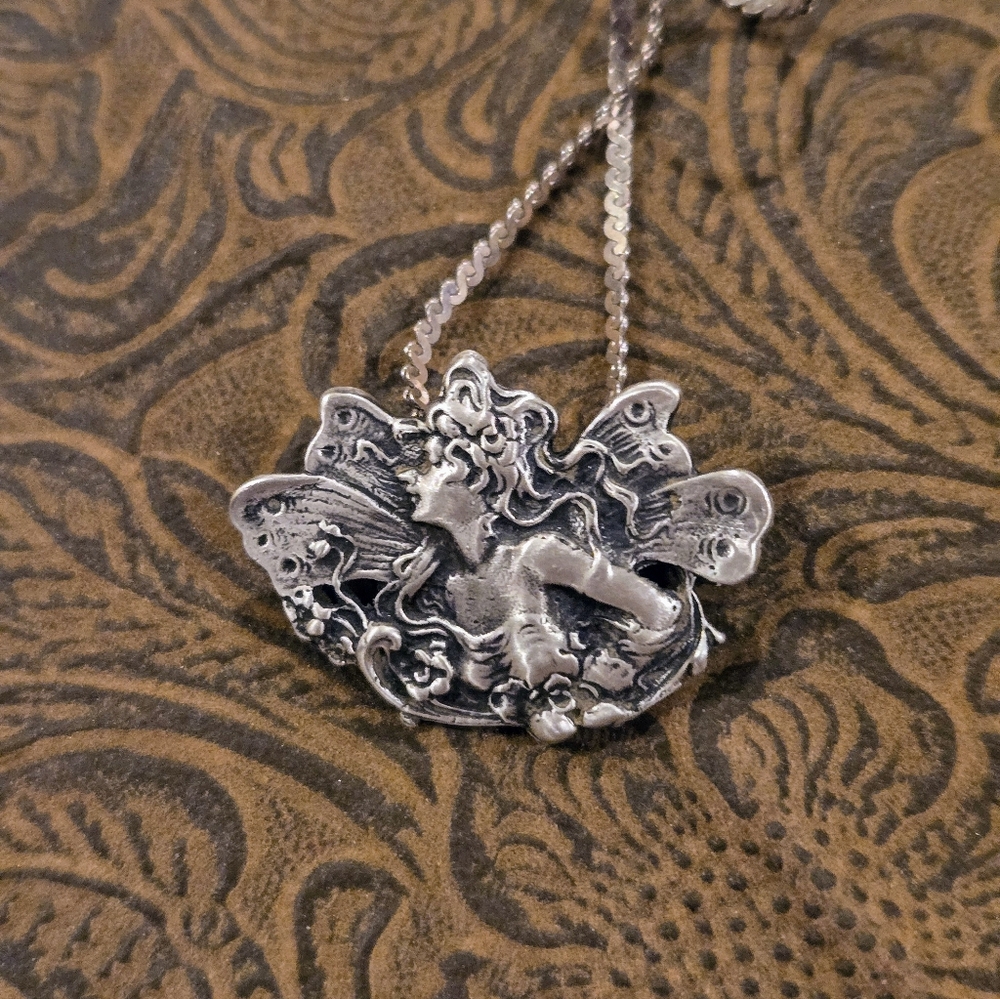 Sterling Silver Art Nouveau Fairy Pendant Necklace - Picture 6 of 6